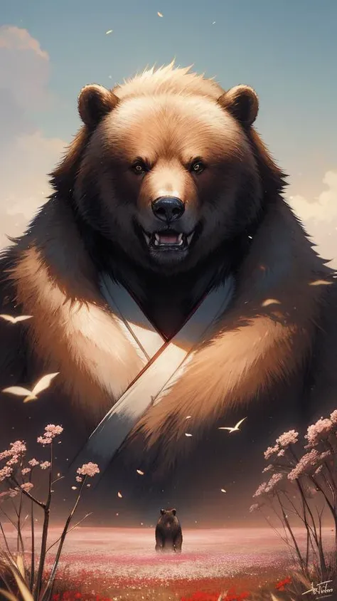 a beautiful portrait of a japanese bear by Greg Rutkowski and Raymond Swanland, Trending on Artstation, ultra realistic digital art a beautiful bear in a flower field, (digital photo:0.43) by jeremy men