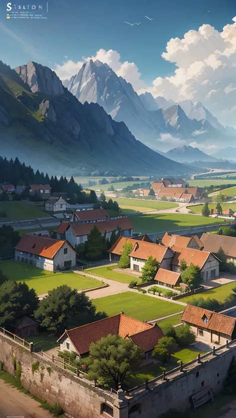 (matte painting:1.37) of a countryside landscape of a village. vibrant, sunny, elaborate, detailed digital art trending in artstation concept art by