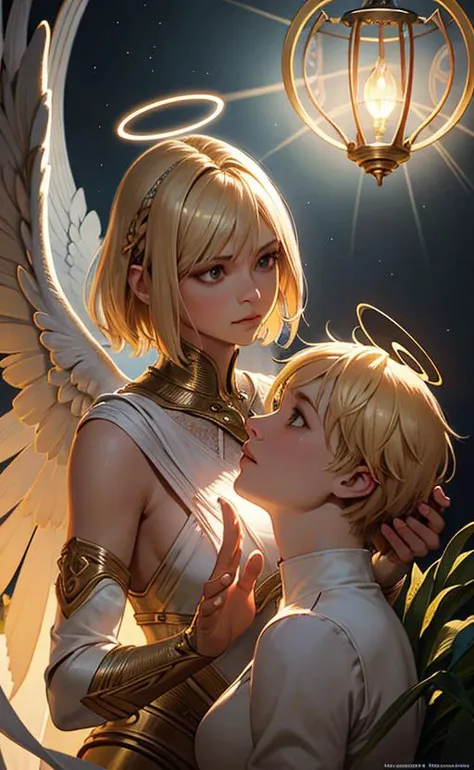 best quality, angel, magical fantasy, cropped hair, short blonde hair, halo above head, light circle, dark light night, intricate, elegant, sharp focus, illustration, high detail, digital painting, concept art, matte, WLOP and Artgerm and Greg Rutkowski and Alphonse Mucha, a masterpiece,