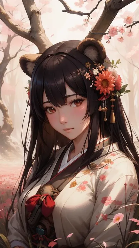 a beautiful portrait of a japanese bear goddess by Greg Rutkowski and Raymond Swanland, Trending on Artstation, ultra realistic digital art a beautiful girl in a flower field, (digital photo:0.43) by jeremy men