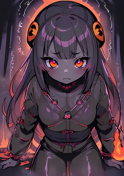 (((( shading eyes, , )) , epic! scene!, very thick humanoid dark demon-girl ,rope,(((depraved pose, dissolute girl))), dynamic posing,((samuraipunk, , (volcanopunk:1.2) )),)) ultra detailed, ultra detailed cute girl, soothing tones, darkness,