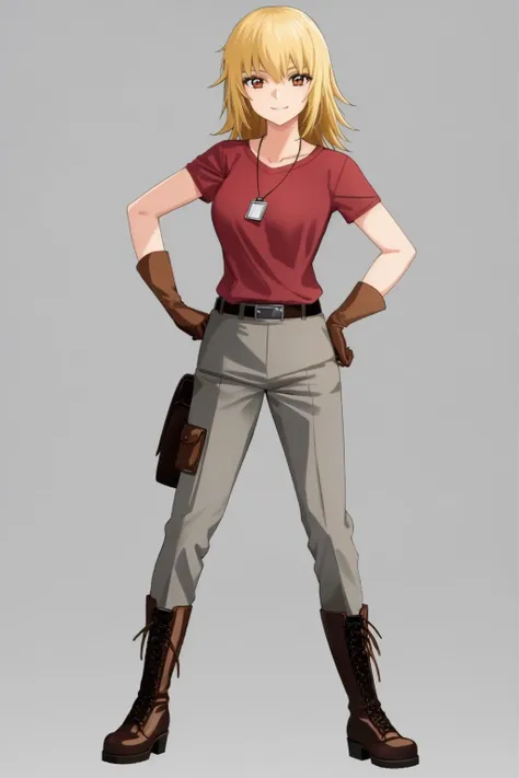 masterpiece, best quality, 1girl, cagalli, blonde hair, brown eyes, red shirt, grey pants, belt, dog tags, gloves, boots, hand on hip, smile, solo, full body, standing, contrapposto, looking at viewer, simple background <lora:CagalliYula:0.8>