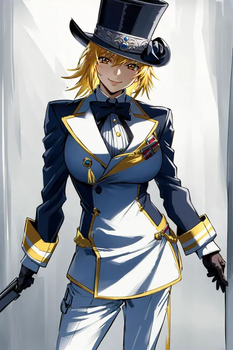 <lora:CagalliYula:1>, cagalli, blonde hair, short hair, yellow eyes, masterpiece, best quality, 4k, intricate detail, 1girl, solo, cowboy shot, huge breasts, tuxedo, top hat, white gloves, monocle, smiling,