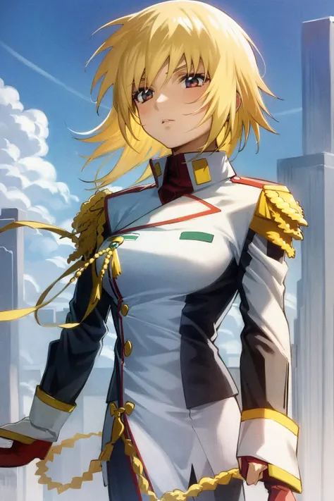 <lora:CagalliYula:0.8>, cagalli, anime, 1girl, solo, masterpiece, best quality, intricate details, 4k, blonde hair, short hair, eyes, red shirt, commander, epaulettes, military uniform