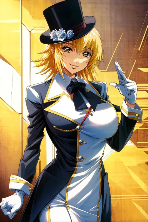 <lora:CagalliYula:1>, cagalli, blonde hair, short hair, yellow eyes, masterpiece, best quality, 4k, intricate detail, 1girl, solo, cowboy shot, huge breasts, tuxedo, top hat, white gloves, monocle, smiling,