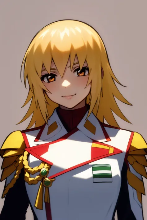 masterpiece, best quality, 1girl, cagalli, blonde hair, brown eyes, commander, epaulettes, military uniform, smile, solo, upper body, looking at viewer, simple background <lora:CagalliYula:1>