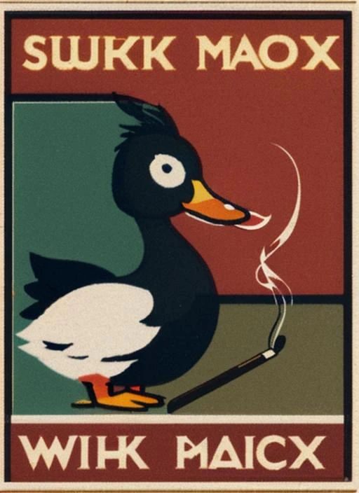 (<lora:Matchbox:.8>) a poster, a matchbox of a duck smoking a cigar