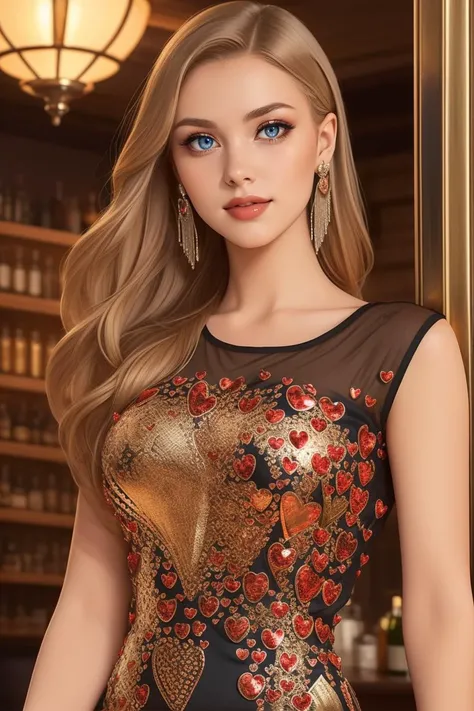 (portrait:1.2), adult, woman, (long blonde hair), wearing heart_20s, round neck heart beaded long flapper 1920s black dress, fringe, <lora:heart_20s-12a:0.65>, (Point-of-view shot:1.1), speakeasy