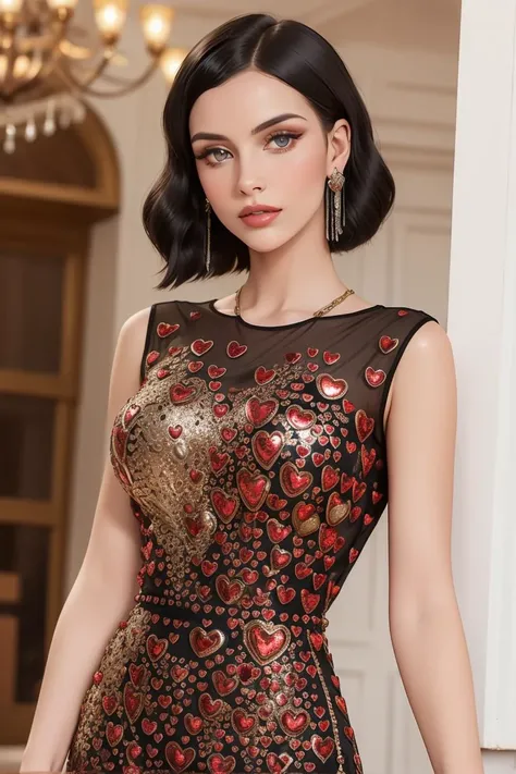 ((photographed by Vogue)),(seductive:1.2), adult, woman, (short black finger waves hair), wearing heart_20s, round neck heart beaded long flapper 1920s black dress, fringe, <lora:heart_20s-12a:0.65>, (Point-of-view shot:1.1)