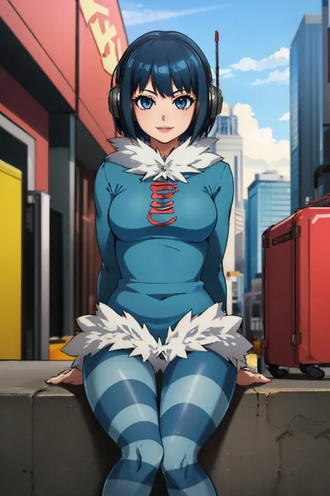 (masterpiece, best quality:1.2), solo, 1girl, jsrmew, smile, looking at viewer, arms behind back, headphones, dress, fur trim, striped pantyhose <lora:jetsetradio_mew-11:1>