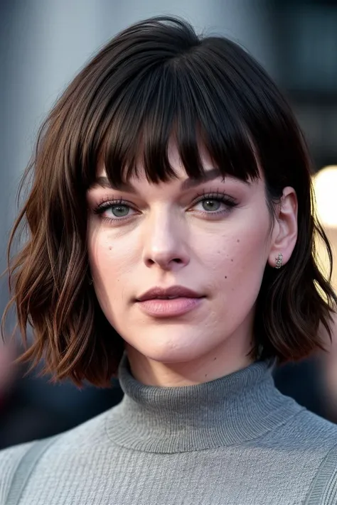 a photo of m1ll4j0v0v1ch, a woman (wearing a turtleneck jumper), on a premiere movie event, standing on the red carpet, (focus on face:1.2), (masterpiece:1.2), (photorealistic:1.2), (bokeh), (best quality), (detailed skin:1.2), (intricate details), (8k), (HDR), (cinematic lighting), (sharp focus), (close-up:1.4)