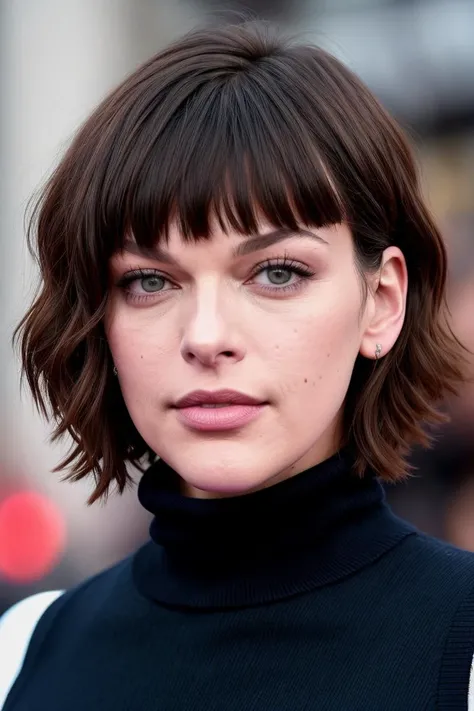 a photo of m1ll4j0v0v1ch, a woman (wearing a turtleneck jumper), on a premiere movie event, standing on the red carpet, (focus on face:1.2), (masterpiece:1.2), (photorealistic:1.2), (bokeh), (best quality), (detailed skin:1.2), (intricate details), (8k), (HDR), (cinematic lighting), (sharp focus), (close-up:1.4)