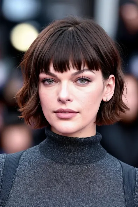 a photo of m1ll4j0v0v1ch, a woman (wearing a turtleneck jumper), on a premiere movie event, standing on the red carpet, (focus on face:1.2), (masterpiece:1.2), (photorealistic:1.2), (bokeh), (best quality), (detailed skin:1.2), (intricate details), (8k), (HDR), (cinematic lighting), (sharp focus), (close-up:1.4)