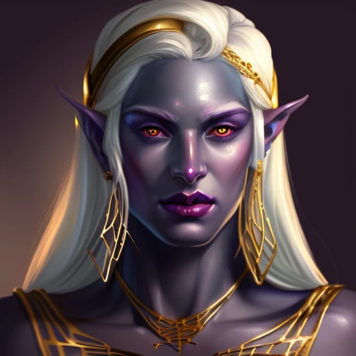 Close-up Portrait of a Ancient Greek female Drow Person wearing golden jewelry, Spiders:1.5, webs:1.5, Fantasy, Volumetric lighting, concept art, brush stroke style, artstation, trending, highly detailed, art by greg rutkowski