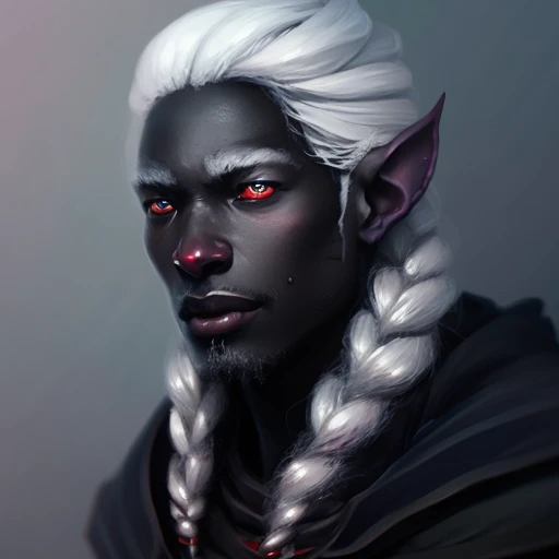 Close-up Portrait of a Zimbabwean Drow Person with gray dreadlocks hair, Frostpunk, Fantasy, Volumetric lighting, concept art, brush stroke style, artstation, trending, highly detailed, art by greg rutkowski