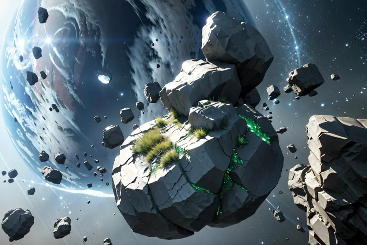 3d, realistic, highres, high quality, octane render, detailed, 4k wallpaper, sci-fi, cyber, cinematic light,(masterpiece), 
 scenery, spacerock-scatter style, a huge rock was destroy by unknown forces debris scattered in shape of diffused sputtering
 <lora:scatter rocks_20231128185243-000003:0.9>