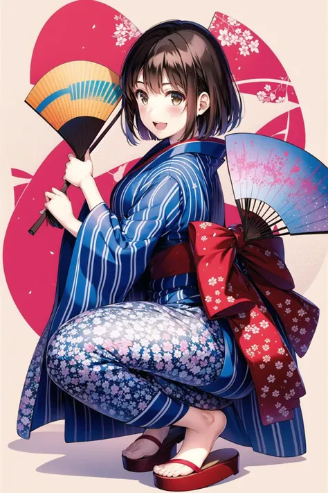 MisakiKurehito,1girl, solo, japanese clothes, smile, simple background, open mouth, white background, squatting, looking at viewer, short hair, kimono, full body, blush, bangs, brown hair, sandals, :d, holding, brown eyes, striped, yukata, striped kimono, hand fan, floral print, bow, vertical stripes, hair bow, katou megumi, red bow, wide sleeves, long sleeves, sash, toes, paper fan, shiny hair, uchiwa, obi, shiny, <lora:MisakiKurehito:0.8>