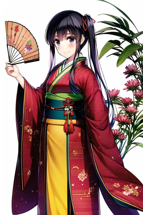 MisakiKurehito,1girl, solo, japanese clothes, long hair, hand fan, smile, kimono, striped, sash, obi, white background, twintails, striped kimono, ribbon, looking at viewer, hair ribbon, blush, bangs, holding, folding fan, simple background, floral print, holding fan, black hair, vertical stripes, wide sleeves, long sleeves, purple eyes, red ribbon, closed mouth, sidelocks, cowboy shot, standing, red kimono, arm at side, shiny, <lora:MisakiKurehito:1>