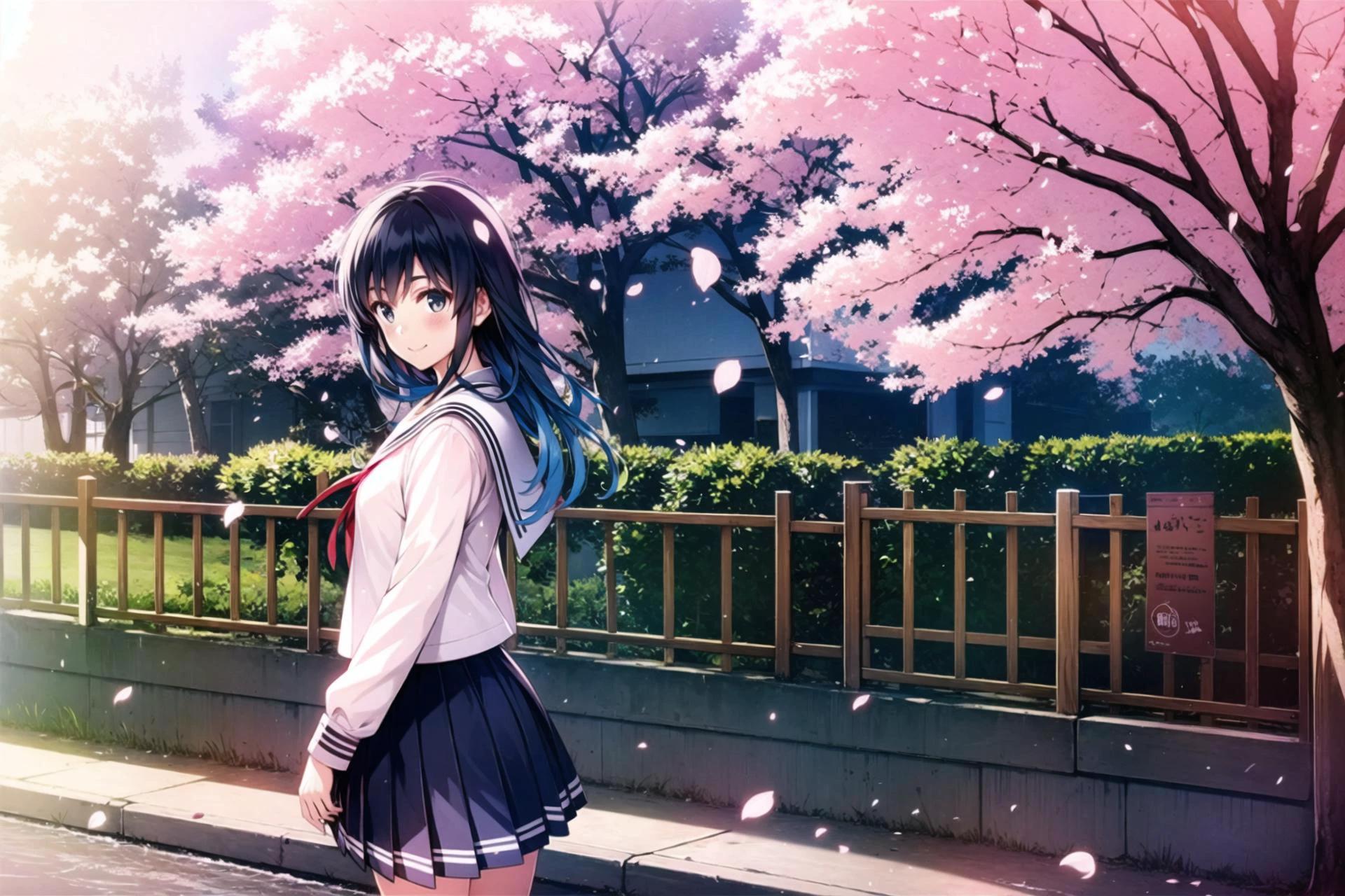 MisakiKurehito,1girl, solo, cherry blossoms, school uniform, outdoors, tree, serafuku, skirt, railing, long hair, looking at viewer, long sleeves, flower,petals, pleated skirt, bridge, fence, road, water, blush, day, smile, spring (season), branch, shirt, from side, blue skirt, blue hair,<lora:MisakiKurehito:0.8>
