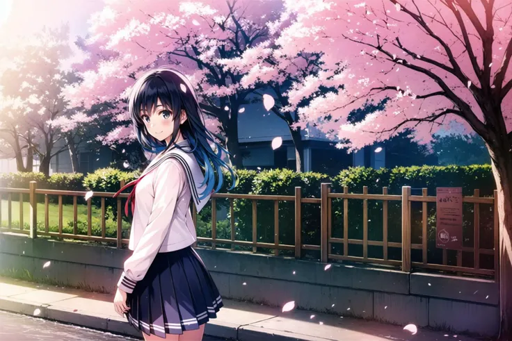 MisakiKurehito,1girl, solo, cherry blossoms, school uniform, outdoors, tree, serafuku, skirt, railing, long hair, looking at viewer, long sleeves, flower,petals, pleated skirt, bridge, fence, road, water, blush, day, smile, spring (season), branch, shirt, from side, blue skirt, blue hair,<lora:MisakiKurehito:0.8>