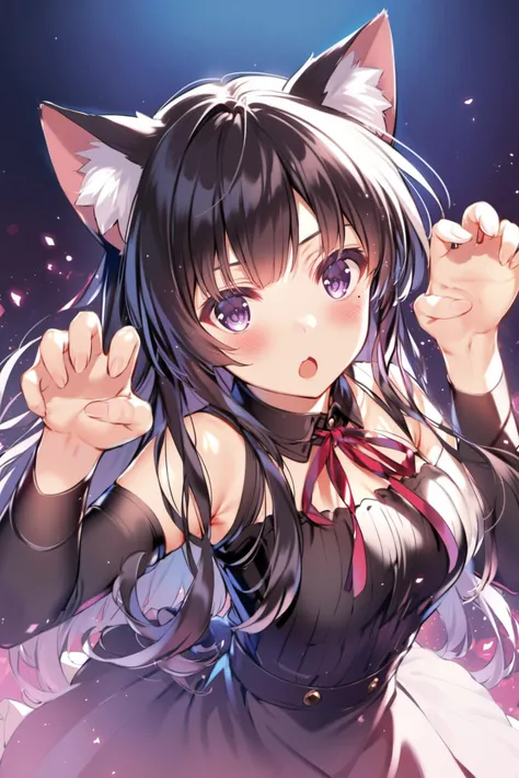 de primera calidad、Higher resolution、(Chibi:1.4)、(Chibi Chara)、Uma Musume、pelo negro, orejas de gato、cabello largo、pelo liso、ojos rojos, abrir la boca abierta、Contento、una sonrisa、correr、fondo sencillo