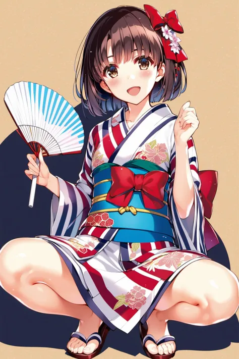 1girl, solo, japanese clothes, smile, simple background, open mouth, white background, squatting, looking at viewer, short hair, kimono, full body, blush, bangs, brown hair, sandals, :d, holding, brown eyes, striped, yukata, striped kimono, hand fan, floral print, bow, vertical stripes, hair bow, katou megumi, red bow, wide sleeves, long sleeves, sash, toes, paper fan, shiny hair, uchiwa, obi, shiny, <lora:Misaki Kurehito_XL:0.8>