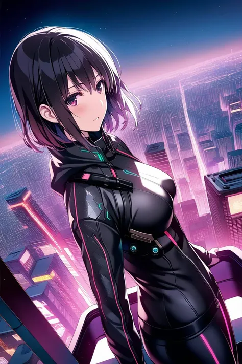 1girl, standing on a futuristic city rooftop at night, wearing a sleek cyberpunk outfit with neon highlights, city lights reflecting in her eyes, dynamic angle, detailed cityscape background, dialogue, cinematic angle, style of Misaki Kurehito, <lora:Misaki Kurehito_XL:1>, masterpiece, best quality, highly detailed, ultra detailed, cinematic, dramatic, anime