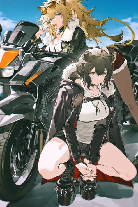 2girls, multiple girls, morgan \(arknights\), siege \(arknights\), arknights, 
z3zz4, 
ahoge, animal ear fluff, animal ears, black jacket, black nails, blonde hair, blue eyes, blue sky, candy, choker, chromatic aberration, dark-skinned female, dark skin, ear piercing, eyewear on head, food, fur-trimmed jacket, fur trim, gun, interlocked fingers, jacket, jacket on shoulders, lion ears, lion girl, lollipop, looking at viewer, motor vehicle, motorcycle, open mouth, orange-tinted eyewear, own hands together, pantyhose under shorts, piercing, platform footwear, short shorts, shorts, sky, spiked boots, squatting, studded choker, tinted eyewear, weapon
very aesthetic, high definition, amazing quality,
masterpiece, best quality, very aesthetic, highres, absurdres, sensitive