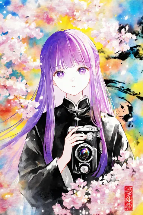 fern_(sousou_no_frieren),purple hair,purple eyes,(((alternate costume))),((((ink wash painting,jidao huashi)))),((artist:gomzi)),((limited_palette)),high_contrast,inverted_colors,colorful,sumi-e,Japanese bird painting,minimalist brush strokes,cherry blossoms,serene,traditional ink,close-up,film_strip,film_strip_on_screen,film_strip_on_background,colorful,light_flare,1girl,upper body,black jacket,camera,camera in hand,hand up,look at viewer,abstract_background,