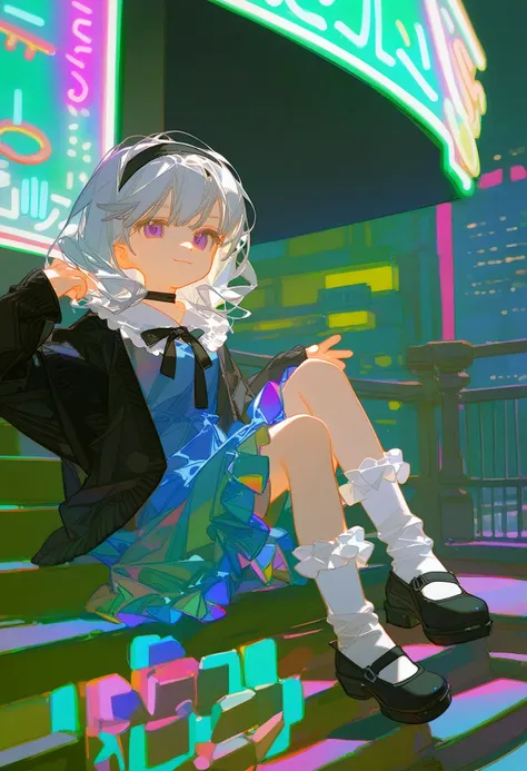 (tianliang duohe fangdongye:0.7), ciloranko, (neon palette, night:1.2), masterpiece, best quality
BREAK
1girl, solo, flat chest, white hair, medium hair, wavy hair, purple eyes, black hairband, iridescent clothing, blue dress, black neck ribbon, frills, black cardigan, black choker, frilled socks, mary janes, smug, sitting on steps, outdoors, city, neon lights