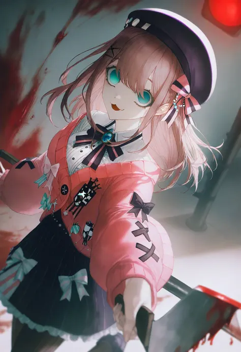 best quality, highres, absurdres, artist:quasarcake, artist:wanke, artist:konya karasue, artist:john_kafka, suzuhara lulu, 1girl, :3, beret, blood, blood on weapon, cardigan, cleaver, empty eyes, hat, holding, holding cleaver, holding weapon, horror \(theme\), looking at viewer, medium hair, open mouth, pedestrian lights, saw, saw cleaver, solid circle pupils, solo, virtual youtuber, weapon