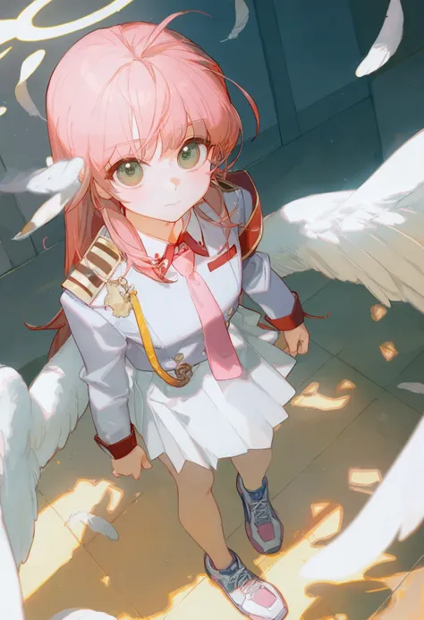 (ciloranko, momisan), (gomennasai, wamudraws:0.3), 1girl, bangs, closed mouth, collared shirt, feathered wings, from above, green eyes, long hair, looking at viewer, looking up, necktie, pink hair, pink necktie, pleated skirt, shirt, shoes, skirt, solo, sunlight, uniform, white skirt, white wings, wings, masterpiece, best quality