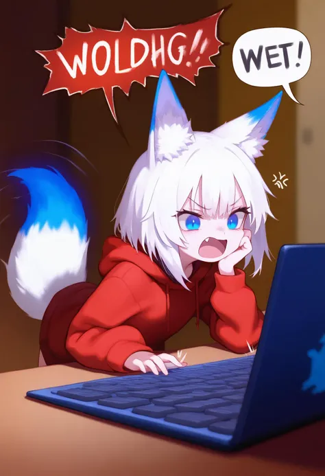 masterpiece, best quality, good quality,
1girl, solo, open mouth, blue eyes, long sleeves, animal ears, tail, white hair, fang, hood, speech bubble, animal ear fluff, fox ears, hoodie, fox tail, hood down, fox girl, head rest, computer, laptop, red hoodie, angry, hitting keyboard,
<lora:flutecocktail_noob_vpred_v1:1>