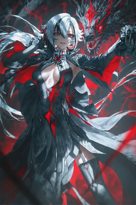 masterpiece,best quality,artist:john_kafka,artist:nixeu,artist:quasarcake,chromatic aberration,film grain,horror \\\\(theme\\\\),limited palette,x-shaped pupils,high contrast,color contrast,cold colors,arlecchino \\\\(genshin impact\\\\),black theme,gritty,graphite \\\\(medium\\\\),black hands,wuthering_waves,jinhsi_(wuthering_waves),jue_(wuthering_waves),commentary,highres,1girl,armpits,black_capelet,blue_hair,boots,capelet,dragon,dress,earrings,grey_eyes,hair_ornament,hands_up,jewelry,long_hair,looking_at_viewer,parted_lips,smile,solo,standing,thigh_boots,thighhighs,white_thighhighs