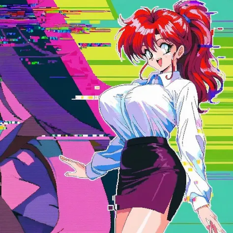 female human, 1girl, clothing, suit, tented shirt, office lady, long red hair, huge breasts, standing, portrait, happy, 1990's, pixelated, glitch art, vaporwave, detailed, masterpiece, best quality