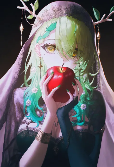 best quality, highres, absurdres, artist:quasarcake, artist:konya_karasue, artist:john_kafka, artist:nixeu, ceres fauna, 1girl, antlers, apple, braid, branch, breasts, bridal gauntlets, earrings, food, fruit, green hair, green nails, hair between eyes, hair over one eye, hands up, holding, holding food, holding fruit, horns, jewelry, long hair, looking at viewer, mole, mole under eye, multicolored hair, nail polish, simple background, single bridal gauntlet, solo, streaked hair, upper body, veil, virtual youtuber, yellow eyes