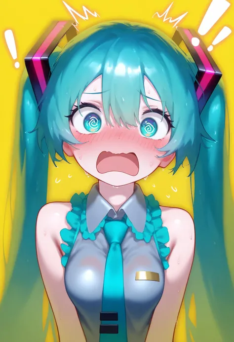 masterpiece, best quality, good quality,
wet, shiny skin,hatsune_miku, 1girl, solo, long_hair, blush, open_mouth, bangs, shirt, hair_between_eyes, bare_shoulders, twintails, blue_hair, upper_body, sweat, frills, necktie, sleeveless, collared_shirt, aqua_eyes, sleeveless_shirt, aqua_hair, embarrassed, wavy_mouth, portrait, yellow_background, grey_shirt, close-up, !, @_@, !!, aqua_necktie
<lora:flutecocktail_noob_vpred_v1:1>