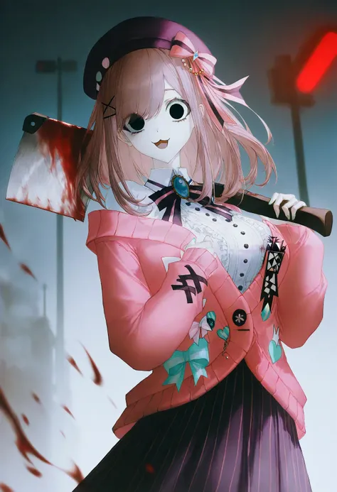 best quality, highres, absurdres, artist:quasarcake, artist:wanke, artist:konya karasue, artist:john_kafka, suzuhara lulu, 1girl, :3, beret, blood, blood on weapon, cardigan, cleaver, empty eyes, hat, holding, holding cleaver, holding weapon, horror \(theme\), looking at viewer, medium hair, open mouth, pedestrian lights, saw, saw cleaver, solid circle pupils, solo, virtual youtuber, weapon