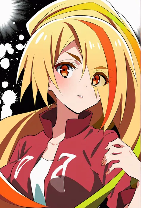 1girl,nikaidou saki,zombie land saga,blonde hair,long hair,multicolored hair,streaked hair,orange hair,ponytail,hair over one eye,eyes visible through hair,very long hair,orange eyes