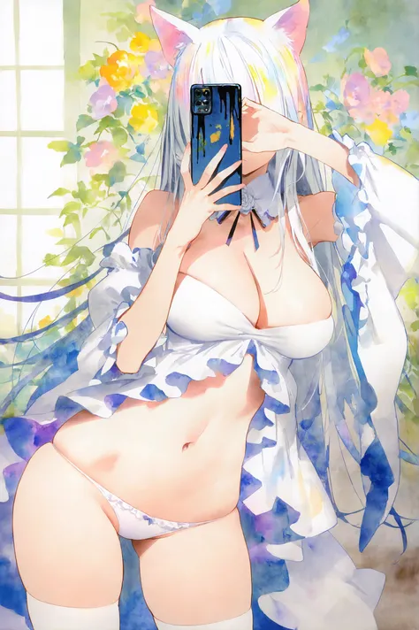 (artist:ask_(askzy)),(artist:rei_(sanbonzakura)),artist:tidsean,[artist:mika_pikazo],(solo:1.3),colorful,(((ink))),((watercolor)),pastel_color,shiny skin,
1girl, breasts, thighhighs, panties, underwear, solo, cleavage, white panties, long hair, large breasts, white thighhighs, navel, detached collar, dress, detached sleeves, white dress, white hair, bare shoulders, indoors, wide sleeves, selfie, grey hair, frills, covering face, flower, phone, skindentation, frilled sleeves, standing, covered face, animal ears