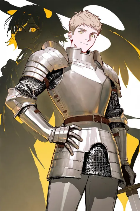 1boy, male focus, laios touden, dungeon meshi,
reoen, liduke, eboda-x, yuyumu, (rurudo:1.05), (cogecha:1.05), (ask \(askzy\):1.05),
year 2022, cowboy shot, armor, bara, blonde hair, chainmail, holding, holding sword, holding weapon, living weapon, solo, sword, weapon, winged sword, yellow eyes
very aesthetic, high definition, simple background, smile, vambraces, white background, short hair, looking at viewer, pauldrons, meme, hand on own hip, faulds, amazing quality midwinter \(meme\), gauntlets, capelet, knight, breastplate, shoulder armor, closed mouth, yellow theme,
masterpiece, best quality, very aesthetic, highres, absurdres, sensitive