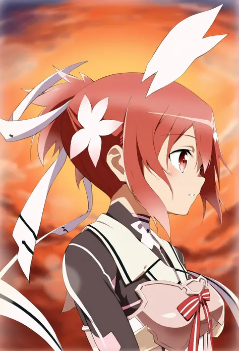 1girl,yuuki yuuna,yuusha de aru,red hair,short hair,red eyes,hair ornament,ribbon,hair ribbon,hair between eyes,bow,breasts,white ribbon