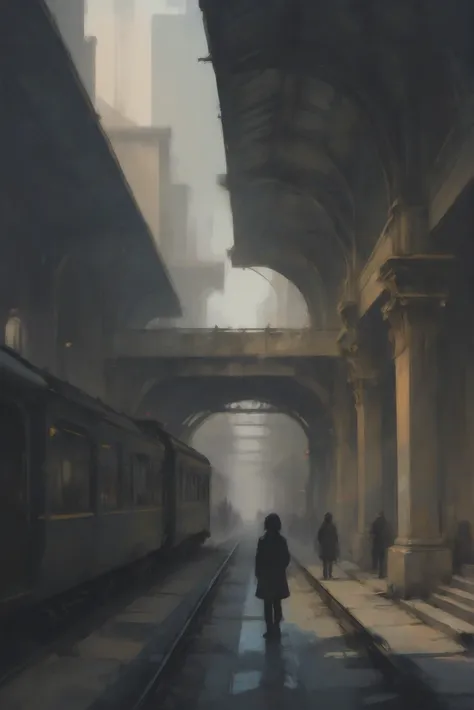 anime, goth, negative space, Historic train station concourse in a utopian,techno-pessimist scifi mountainside megacity outside of reality, masterpiece<lora:EnvyStarlightGothAnime01:1><lora:EnvyStarlightDream01-Ethereal:1>