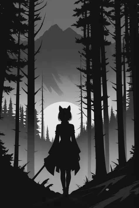 anime, goth, black and white, negative space, Subalpine Forest<lora:EnvyStarlightGothAnime01:1>