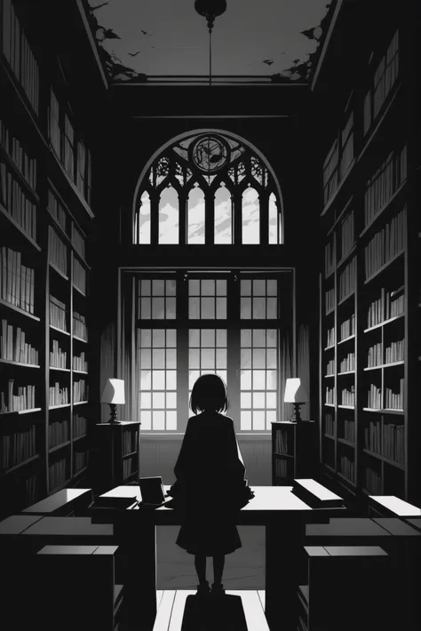 anime, goth, black and white, negative space, Library \(room\) <lora:EnvyStarlightGothAnime01:1>