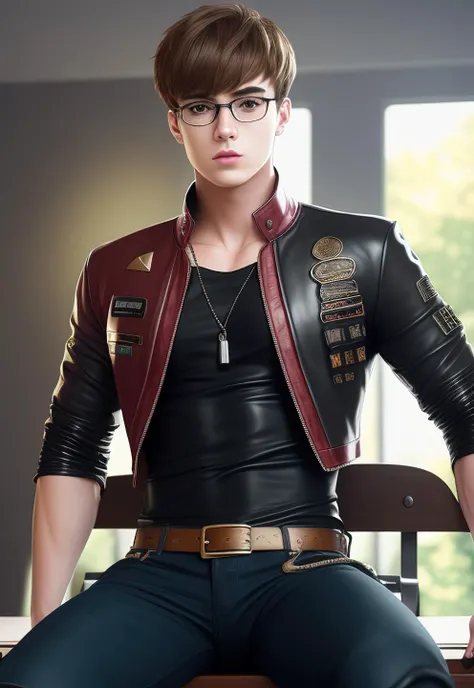 1boy, 16~20 years old, male focus, muscular male, nsfw, 3D, realistic, indoor, normal hue, central, golden ratio, sitting on the leather throne, sharp-featured body, tall, burly, highres, slender build, perfect anatomy, skin texture, thick dark buzzcut hair, see-through bangs, shallow eyebrow, symmetrical eyebrow, large bright eyes, symmetrical eyes, square gold-rimmed glasses, big straight nose, closed mouth, double-edged polearm, broad shoulders, noble attire, bdominal stretch, tight-fitting, leather collar, dark T-shirt, open red leather jacket, golden tessel, six-pack abs, leather gloves, black trousers, leather belt, spreading long thin legs, <lora:OnlyCocks_v1.0:0.5>, large erect penis over 10 inches length and 3 inches width, erection, large scrotum with testicles, masturbation, high-heeled leather boots, soft smile, handsome, powerful, from front, looking ahead at viewer, day, masterpiece, best quality, hyper-detailed, intricate detail, professional photography, matte, bright, the most beautiful ever seen, post processing, dreamatic lighting, ambient lighting, epic composition, ultrawide shot, uplight, raytracing reflections, depth of field, gorgeous background <lora:9.4.GenshinImpactThoma_v1.0:1>