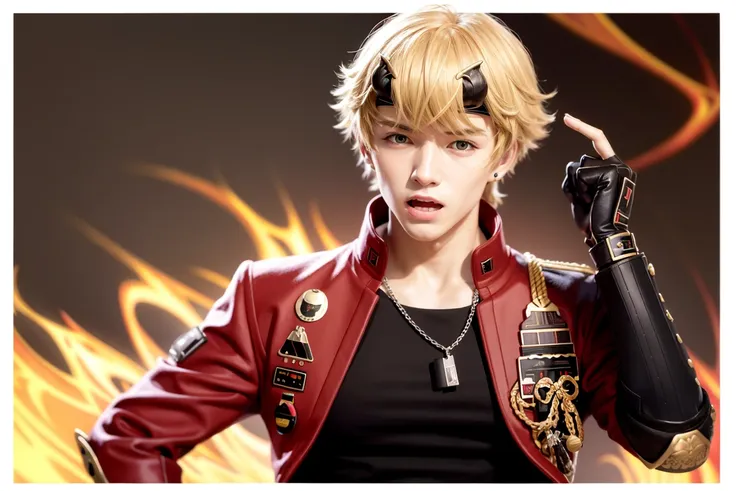 masterpiece, best qualit,german,1boy, thoma (genshin impact), male focus, gloves, solo, ponytail, fingerless gloves, green eyes, blonde hair, bangs, black gloves, horns, red jacket, open mouth, fire, jacket, hair between eyes, looking at viewer, fake horns, headband, horned headwear, long hair, polearm