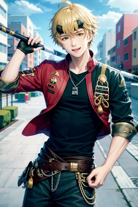 masterpiece, best qualit,1boy, thoma (genshin impact), male focus, horned headwear, green eyes, gloves, solo, horns, fingerless gloves, weapon, holding, blonde hair, black gloves, fake horns, looking at viewer, outdoors, bangs, v, headband, dog tags, polearm, open mouth, jacket, holding weapon, hair between eyes, smile, red jacket, black shirt,(kbxll:0.6)