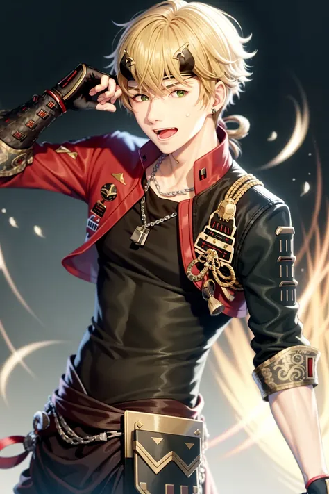 masterpiece, best qualit,thoma (genshin impact), 1boy, male focus, dog tags, horned headwear, green eyes, horns, gloves, fake horns, blonde hair, solo,fingerless gloves, bangs, ponytail, headband, open mouth, hair between eyes,(kbxll:0.6)