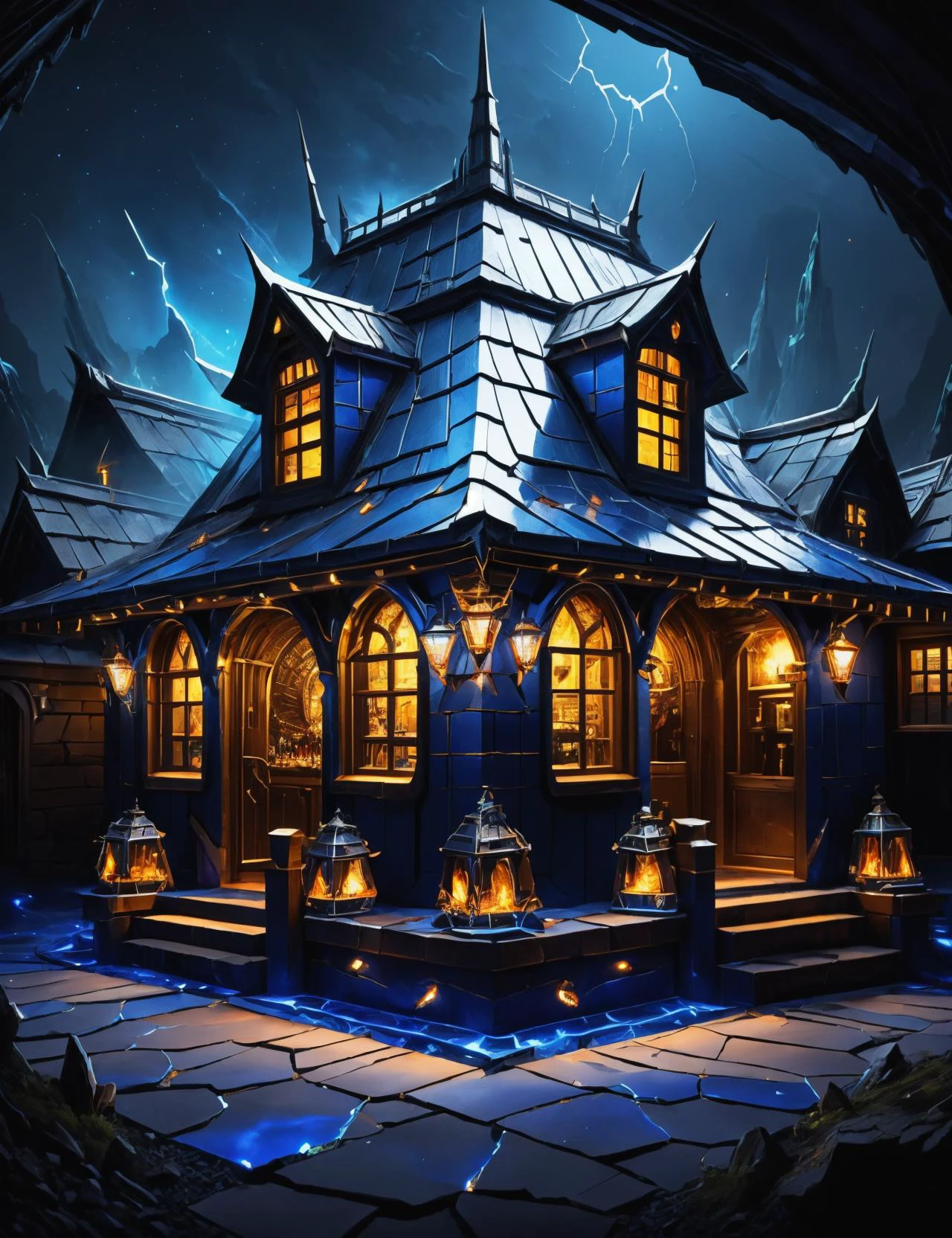 hyper detailed masterpiece, dynamic, awesome quality,DonMFr4ck7ur3dUnd3rw0rld time-warping wizard's pub, metal roofing roof, fire bowls,halogen floodlights, rim lighting <lora:DonMFr4ck7ur3dUnd3rw0rld-000009:0.75>